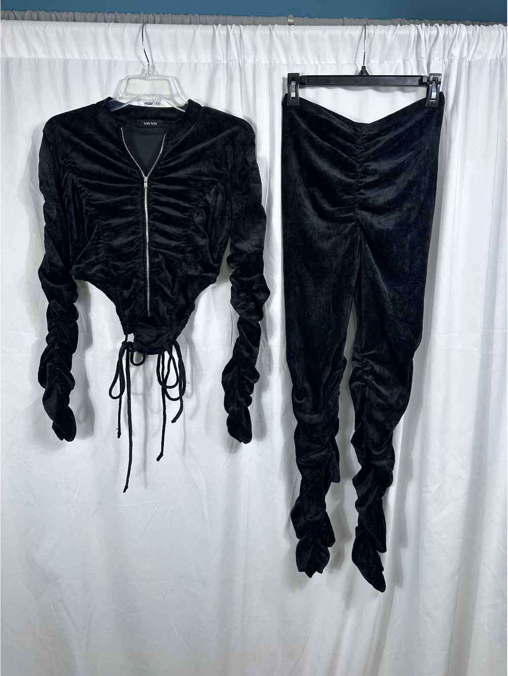 Vin Win Black Velvet Ruched Zip-Up Crop Top and Scrunch Pants Set Size Medium